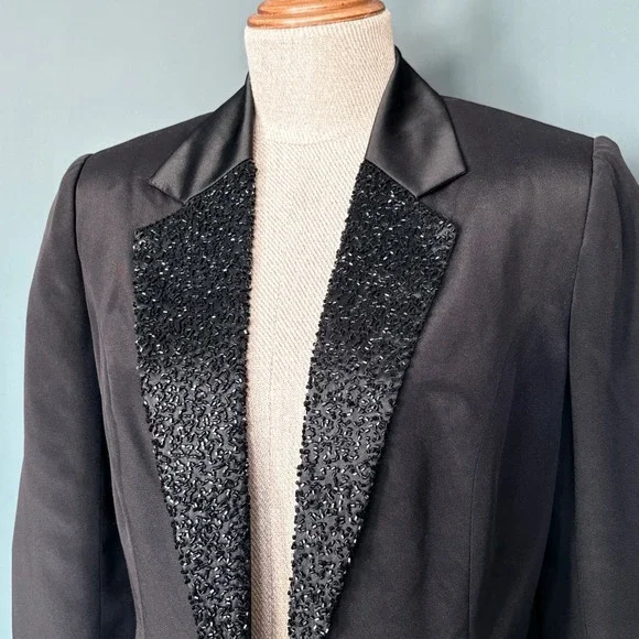 Vintage Laurence Kazar Beaded Silk Tuxedo Blazer | Size 6 | Black Evening Jacket - Picture 1 of 9